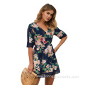 Half Sleeve Flower Printed V-neck Chiffon Fashion Dresses